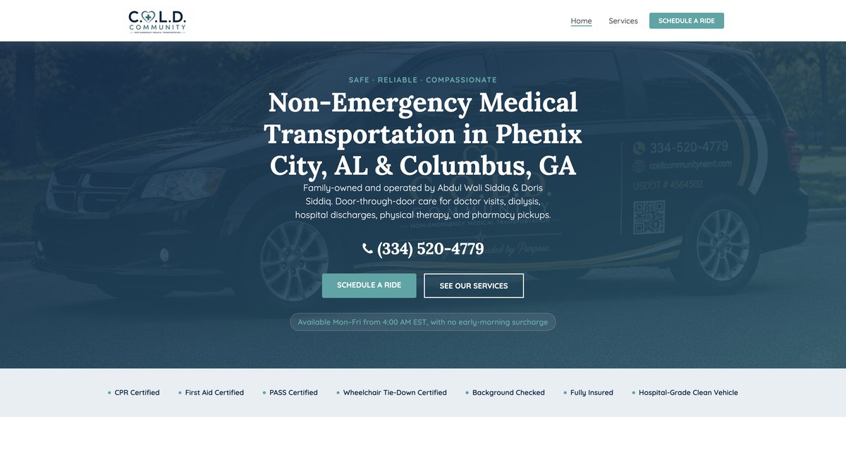 Screenshot of the COLD Community NEMT website homepage